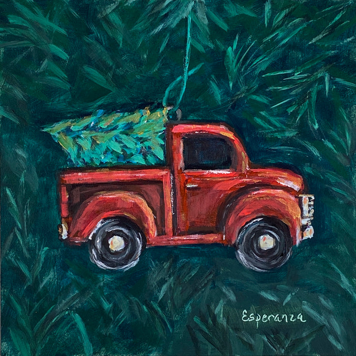 "Red Truck Ornament" 6x6 original painting