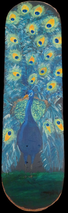 Skateboard deck with peacock design