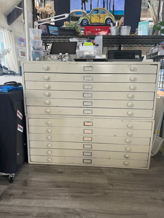 Vintage Wooden Flat File Cabinet (Stackable 11-Drawer Set)