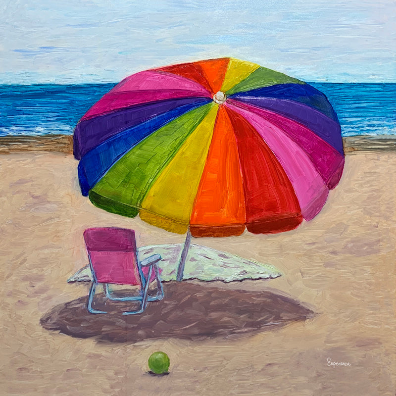 "Pink Beach Chair under Umbrella" giclee print