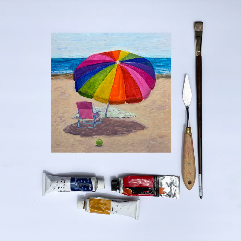 "Pink Beach Chair under Umbrella" giclee print