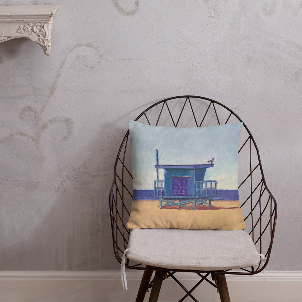 Fine Art Throw Pillow, "Southbay Lifeguard Tower", from original artwork by Esperanza Deese