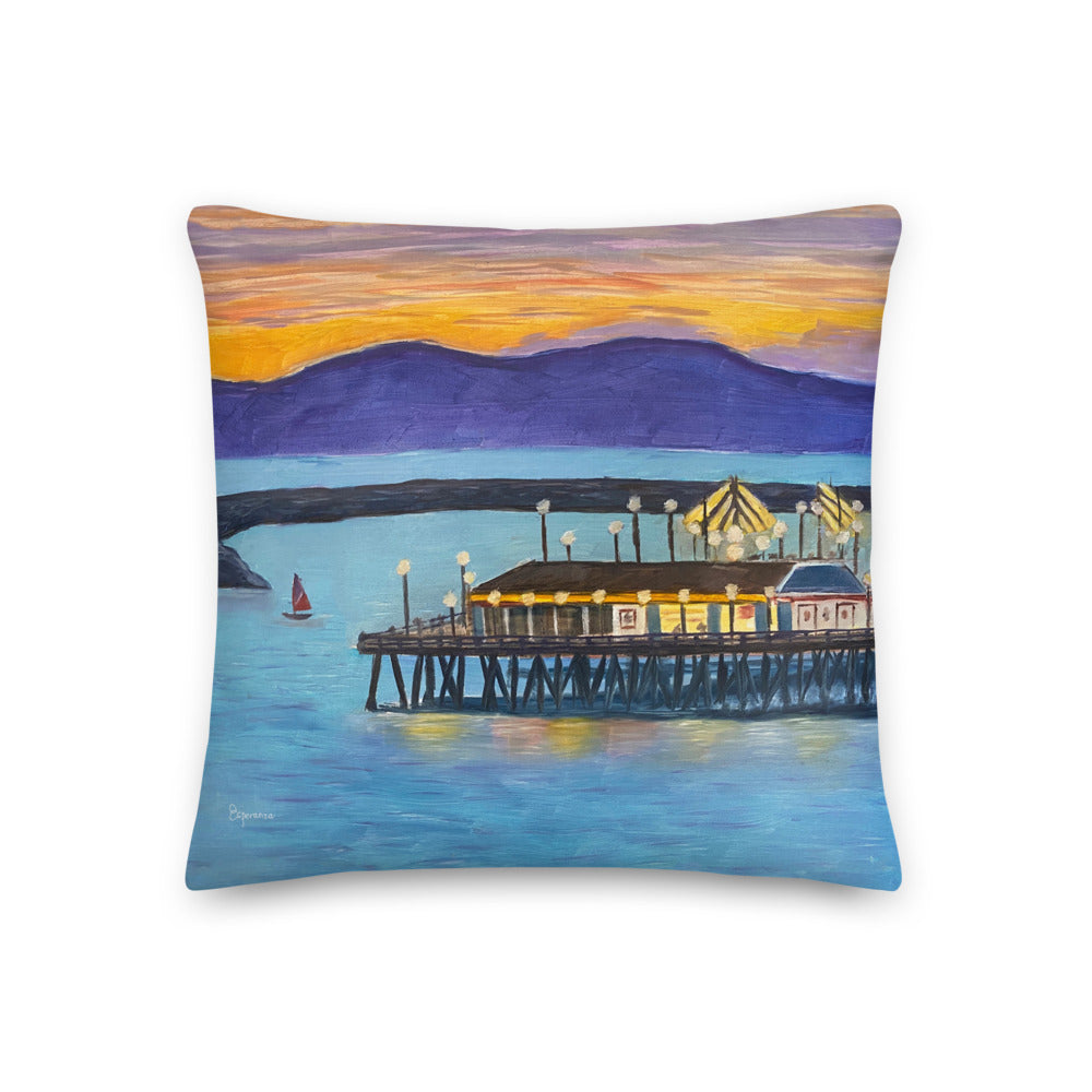 Fine Art Throw Pillow, "Redondo Beach Pier at Sunset", from original artwork by Esperanza Deese