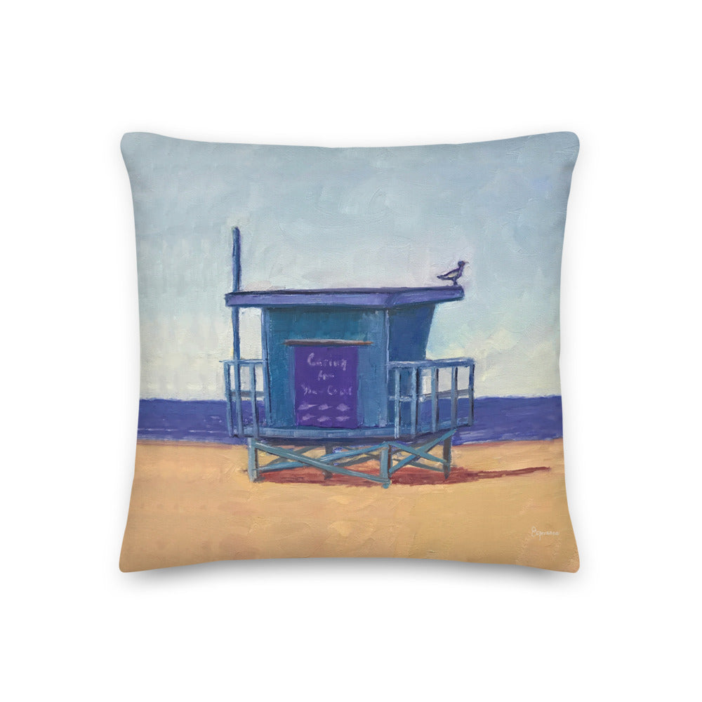 Fine Art Throw Pillow, "Southbay Lifeguard Tower", from original artwork by Esperanza Deese