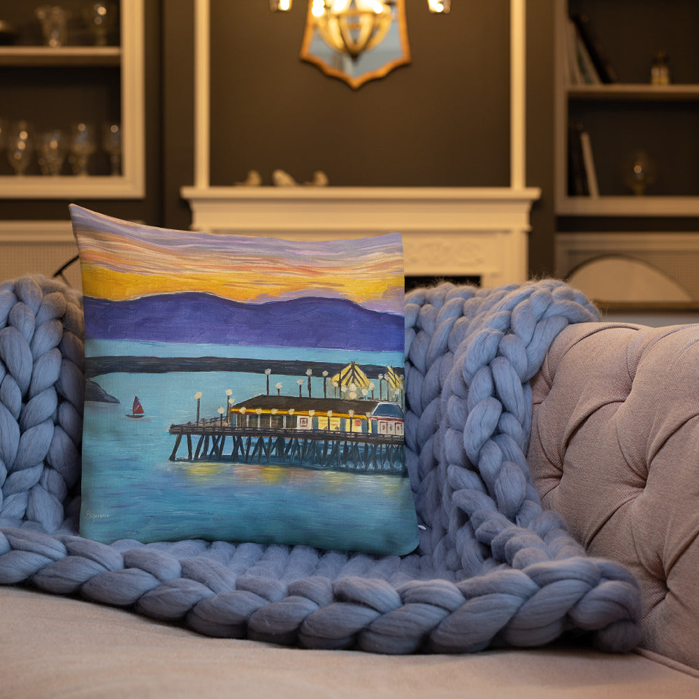 Fine Art Throw Pillow, "Redondo Beach Pier at Sunset", from original artwork by Esperanza Deese