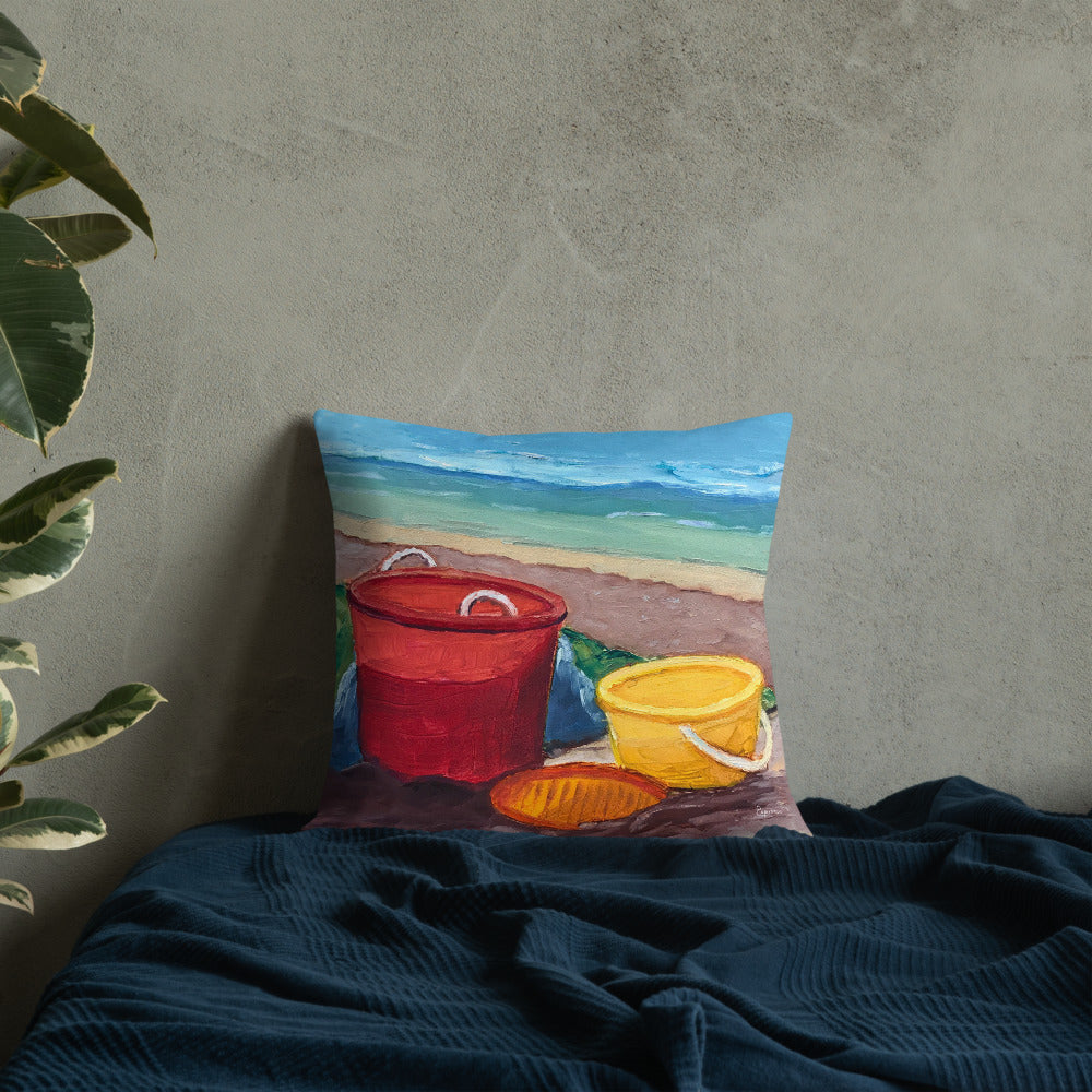 Fine Art Throw Pillow, "Beach Buckets", from original artwork by Esperanza Deese