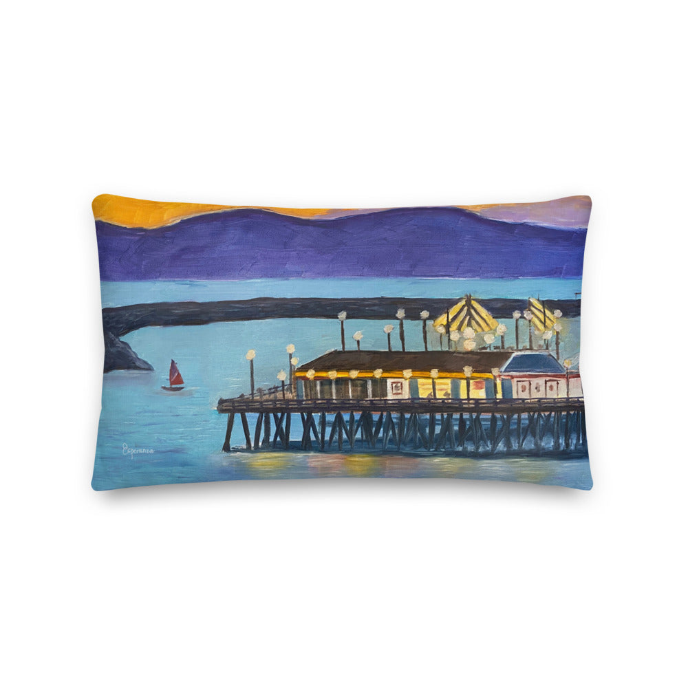 Fine Art Throw Pillow, "Redondo Beach Pier at Sunset", from original artwork by Esperanza Deese