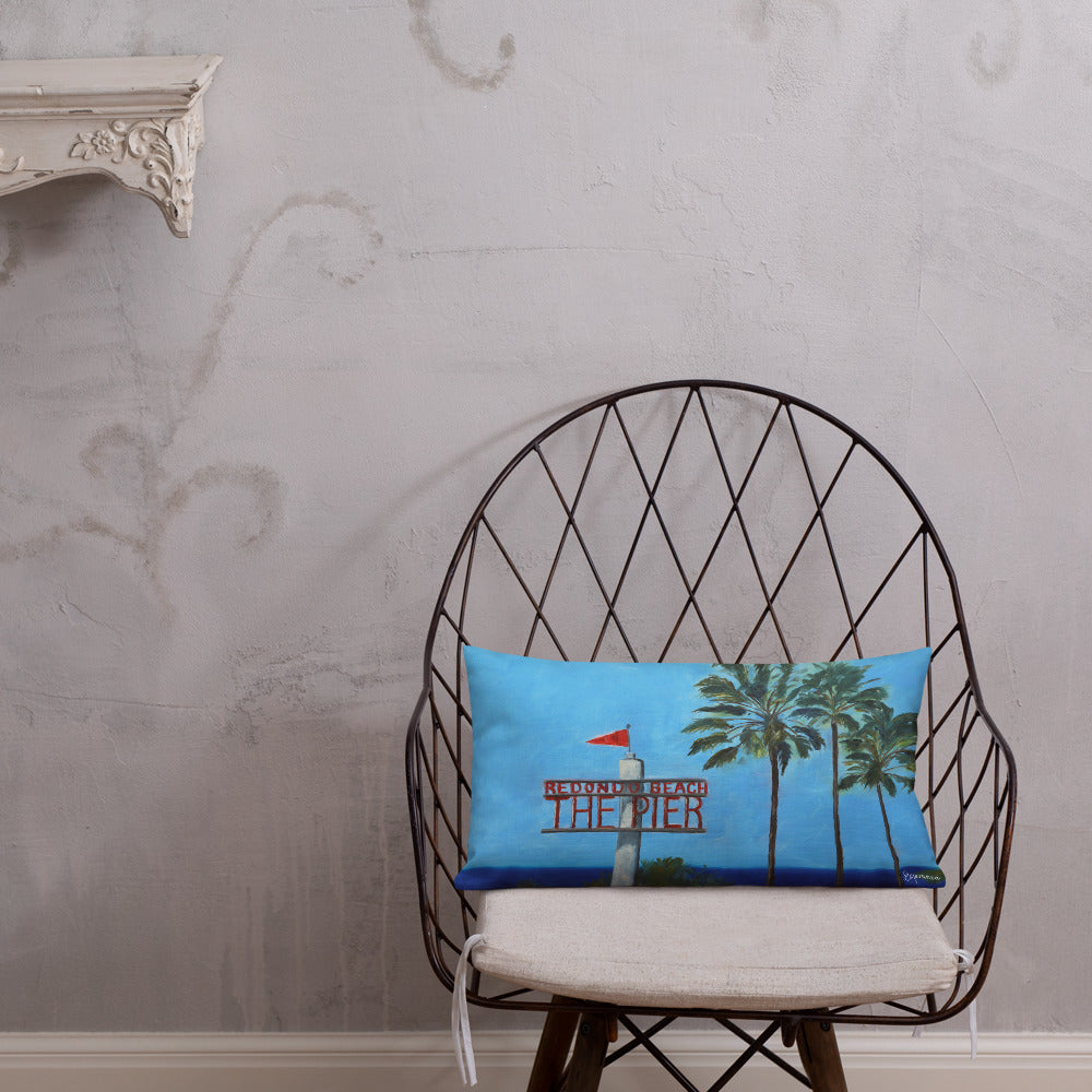 Fine Art Throw Pillow, "This Way to Redondo Beach Pier", from original artwork by Esperanza Deese