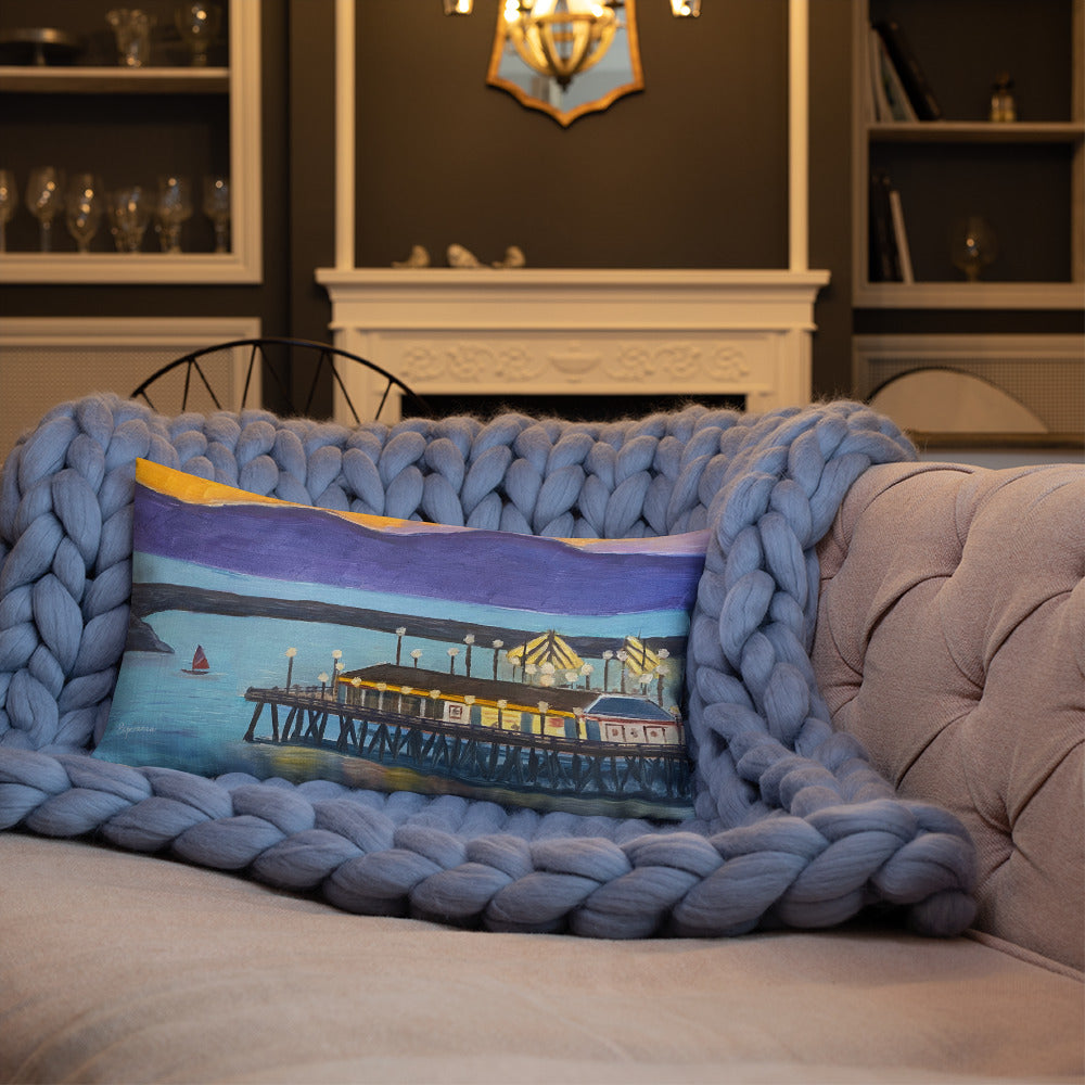 Fine Art Throw Pillow, "Redondo Beach Pier at Sunset", from original artwork by Esperanza Deese