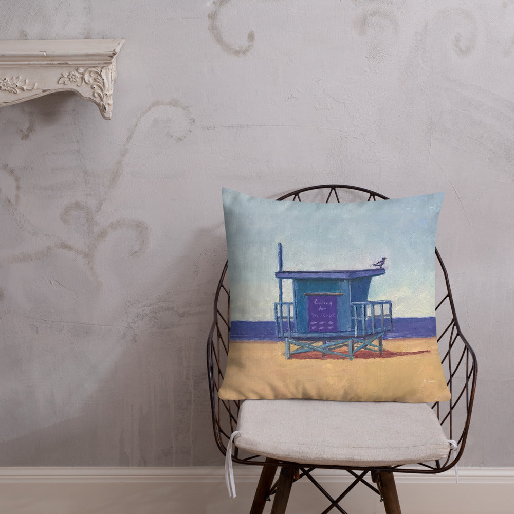 Fine Art Throw Pillow, "Southbay Lifeguard Tower", from original artwork by Esperanza Deese