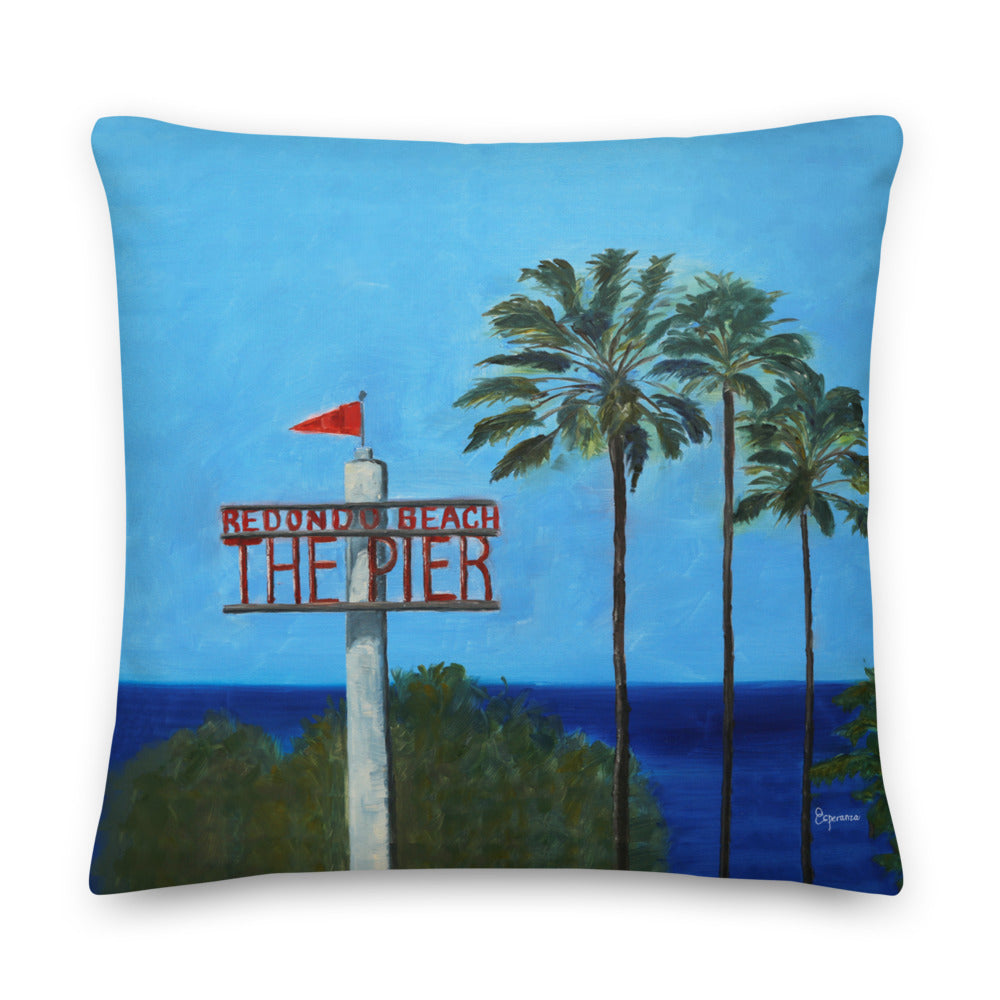 Fine Art Throw Pillow, "This Way to Redondo Beach Pier", from original artwork by Esperanza Deese