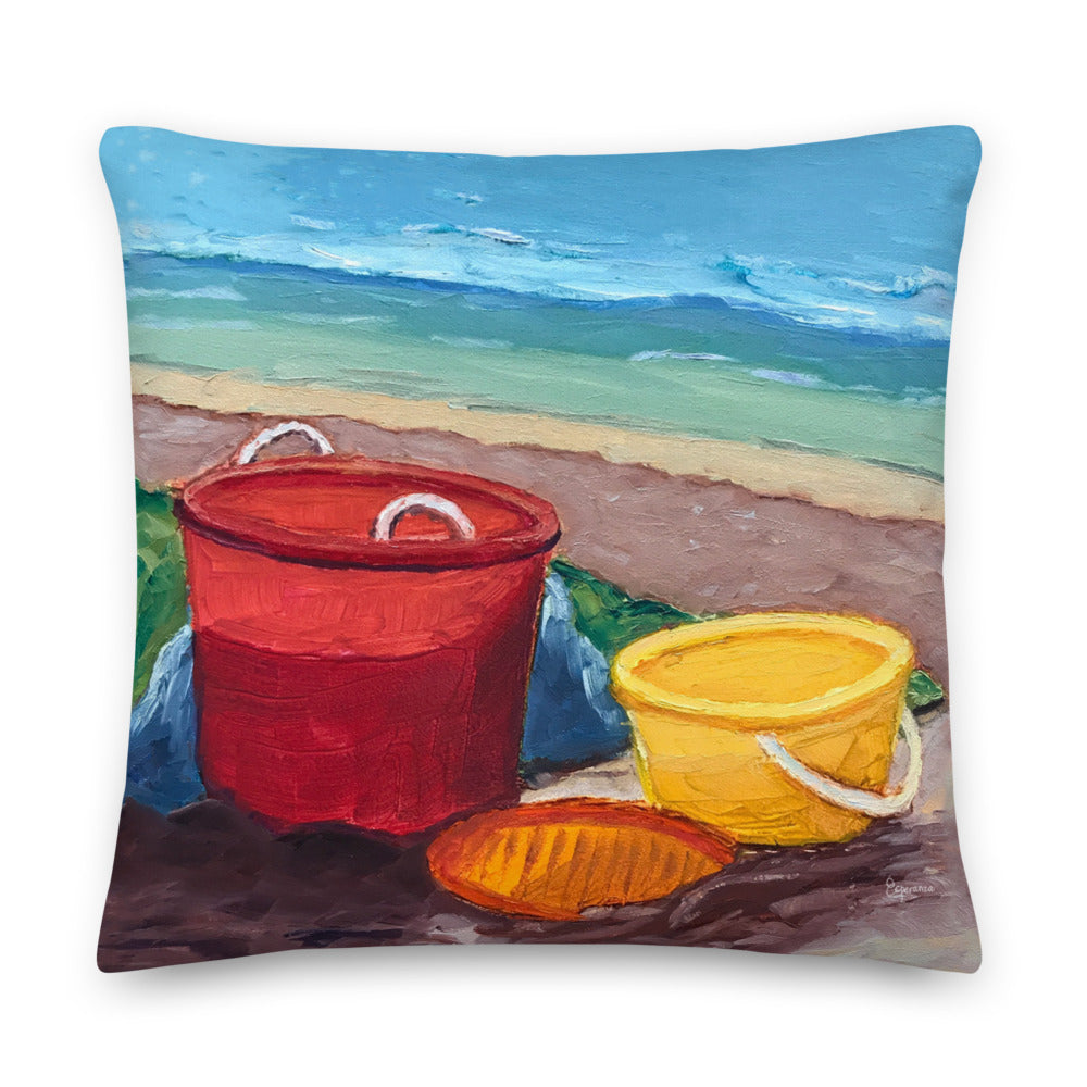 Fine Art Throw Pillow, "Beach Buckets", from original artwork by Esperanza Deese