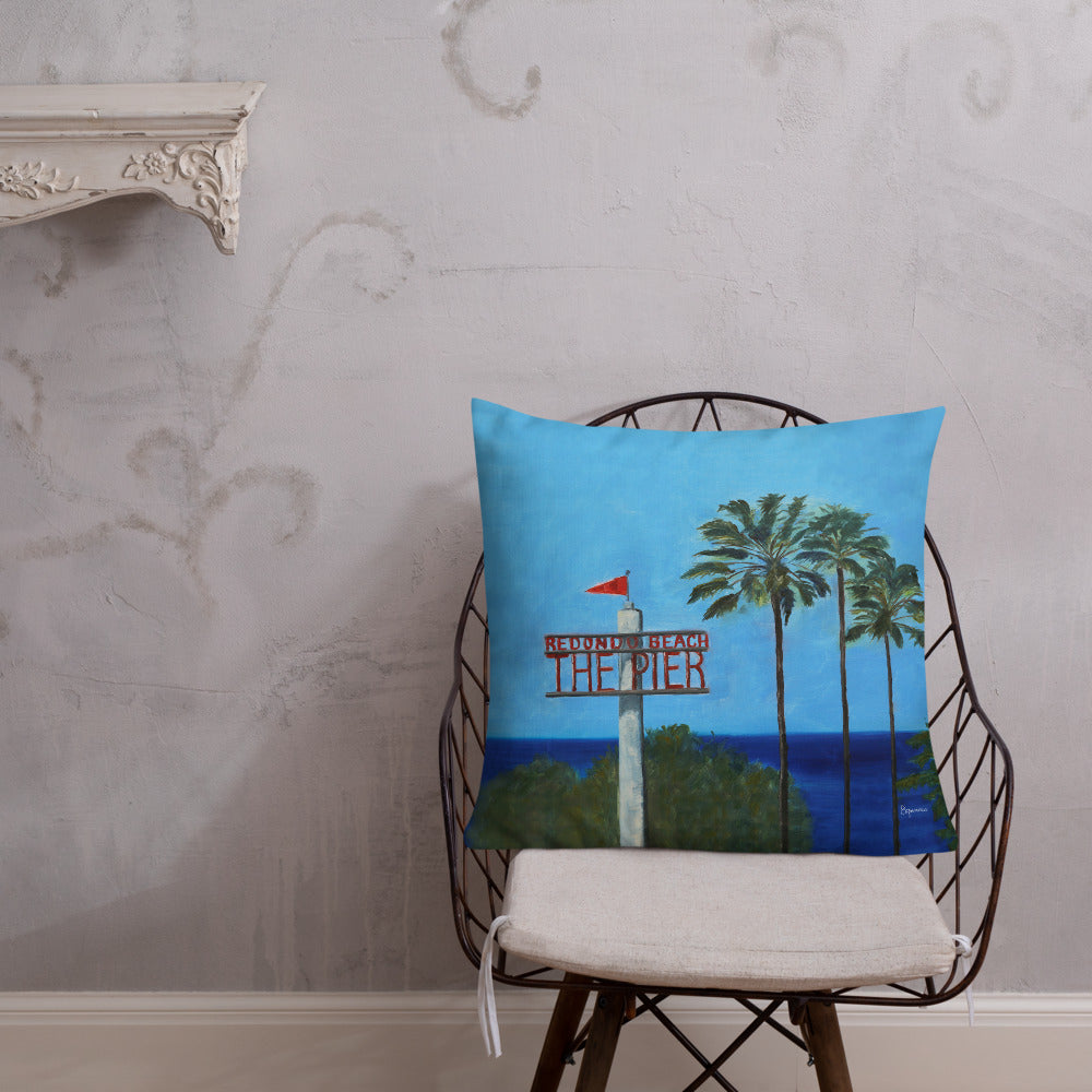 Fine Art Throw Pillow, "This Way to Redondo Beach Pier", from original artwork by Esperanza Deese