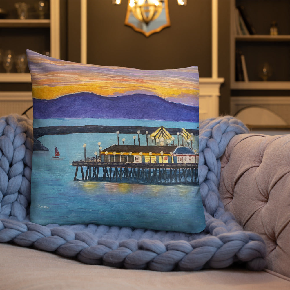 Fine Art Throw Pillow, "Redondo Beach Pier at Sunset", from original artwork by Esperanza Deese