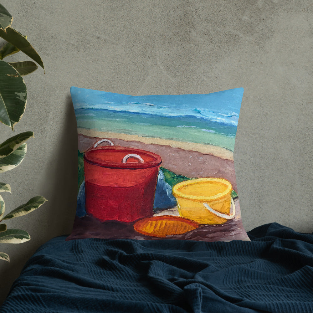 Fine Art Throw Pillow, "Beach Buckets", from original artwork by Esperanza Deese