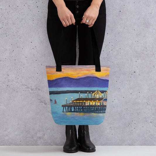 Fine Art Tote Bag, "Redondo Beach Pier at Sunset", from original artwork by Esperanza Deese