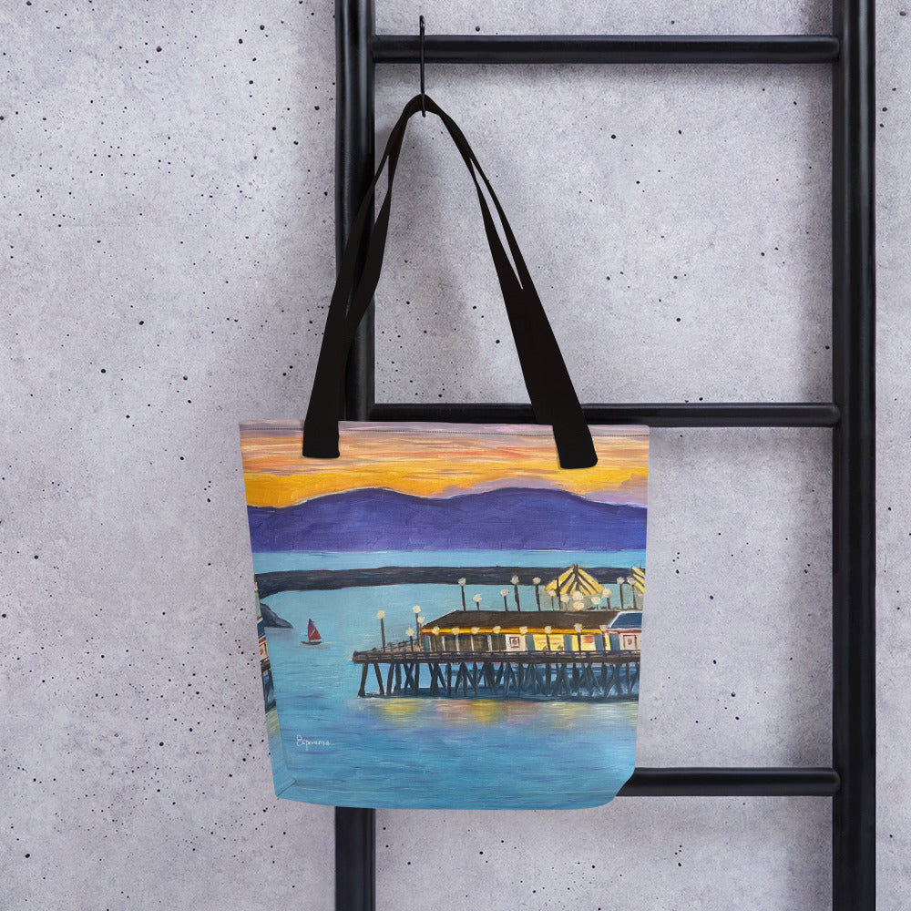 Fine Art Tote Bag, "Redondo Beach Pier at Sunset", from original artwork by Esperanza Deese