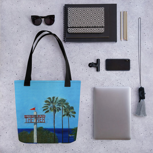 Fine Art Tote Bag, "This Way to Redondo Beach Pier", from original artwork by Esperanza Deese