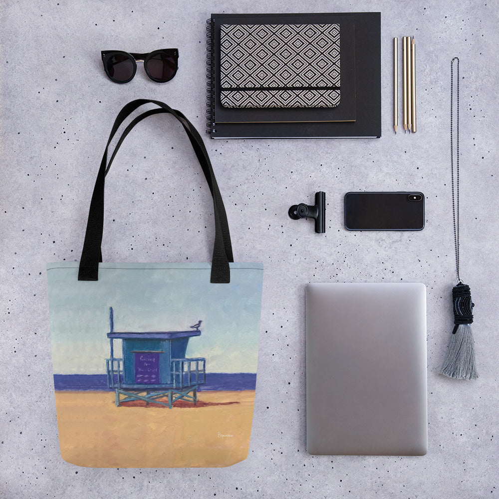 Fine Art Tote Bag, "Southbay Lifeguard Tower", from original artwork by Esperanza Deese